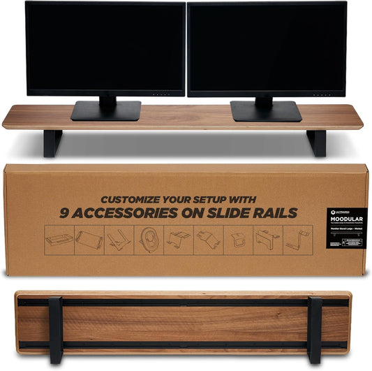 Moodular Wooden Monitor Stand 45.6” (116cm) Large Desk Organizer with Metal Slide Rails for Drawer, Tray, Laptop, Tablet, Phone & Headphones Customizable Riser for Organized Workspace Walnut