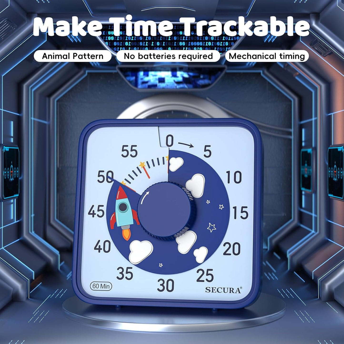 Secura 7.5-Inch Rocket Pattern Visual Timer for Kids, 60-Minute Countdown Timer for Classroom or Kitchen, Durable Mechanical Timer Clock with Magnetic Backing (Blue)