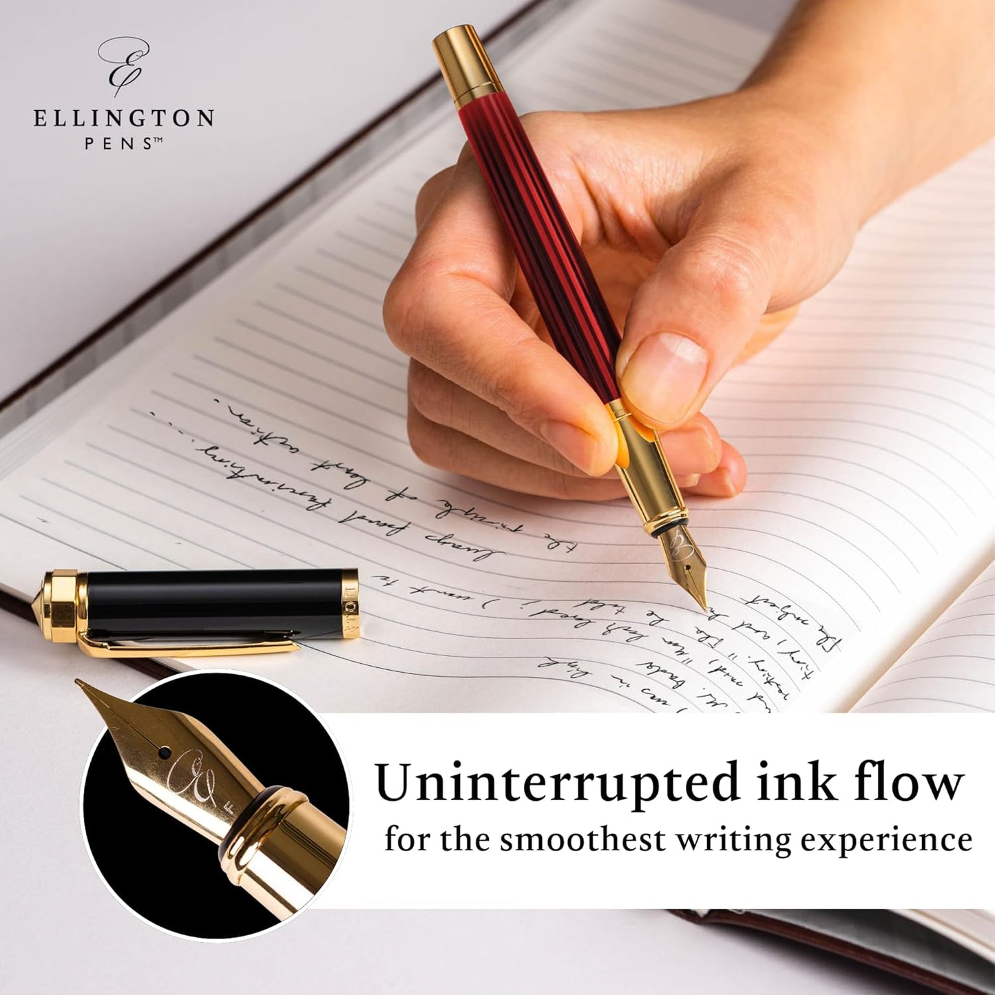 Ellington Pens Luxury Fountain Pen Set - Extra Fine Nib - Includes 3 Ink Cartridges, Refillable Ink Converter, Gift Box-Fountain Pens For Writing, Calligraphy, Journaling, Sketching (Crimson Blend)