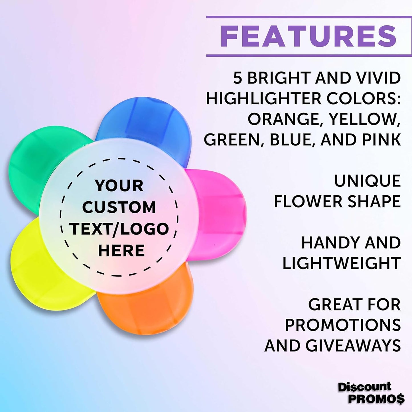 DISCOUNT PROMOS Custom Highlighters Set of 10/50/100, Personalized Bulk Pack Durable Chisel Tip Textbook Highlighters Handy and Easy to Store - Flower