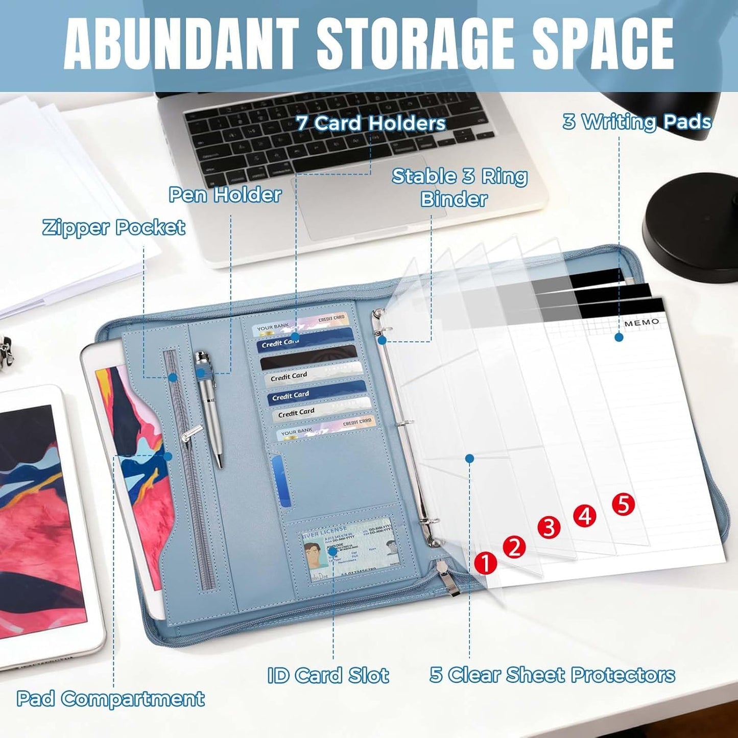 Padfolio Portfolio Folder Binder-Organizer Planner Notebook Zippered Portfolio Padfolio for Women & Men with Document Sleeve,Letter/A4 Size Clipboard,Business Card Holders (Grey Green)