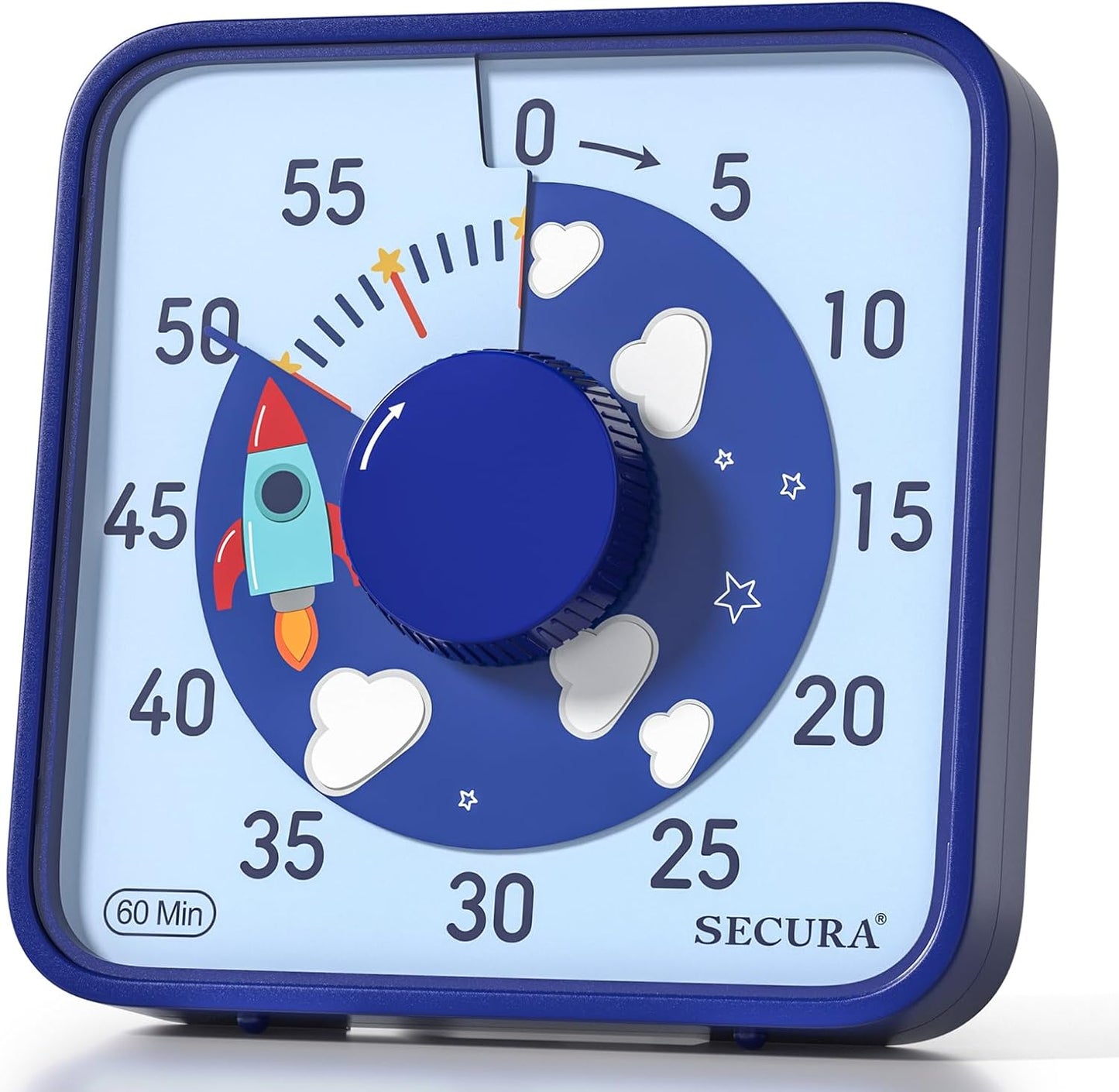 Secura 7.5-Inch Rocket Pattern Visual Timer for Kids, 60-Minute Countdown Timer for Classroom or Kitchen, Durable Mechanical Timer Clock with Magnetic Backing (Blue)