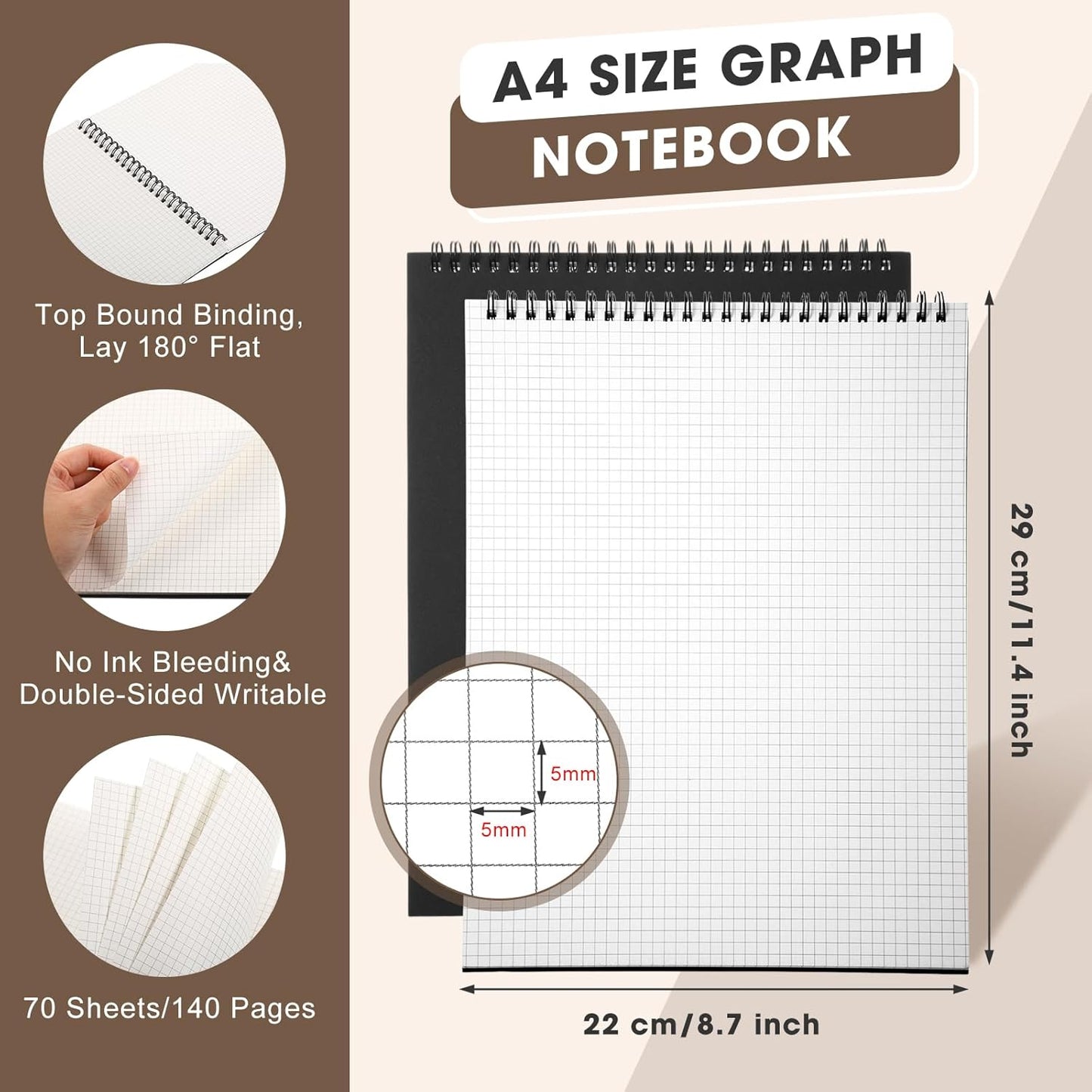 Top Spiral Graph Paper Notebooks 8.7 X11.4 Inch A4 Grid Paper Notepad 70 Sheet Memo Steno Pad for Engineering Writing Sketching Drawing School Office Supplies (1 Pack,Black)