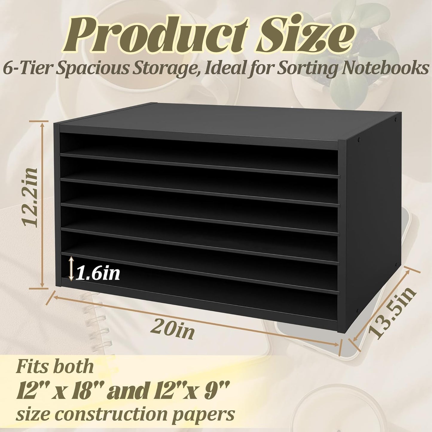 PROLEE Construction Paper Organizer 20" x 13.5" x12.2",Soild Wooden Paper Organizer with 6-Tier Letter Trays, Desktop File Papers Sorter for Home, Classroom and Office (Black)