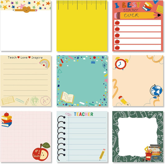 9 Pads Teacher Sticky Notes 3x3 Inch Cute Self Stick Notepads Notes Adhesive Memo Pad Office Decor Gifts for Students School Teacher Meeting Office Supplies
