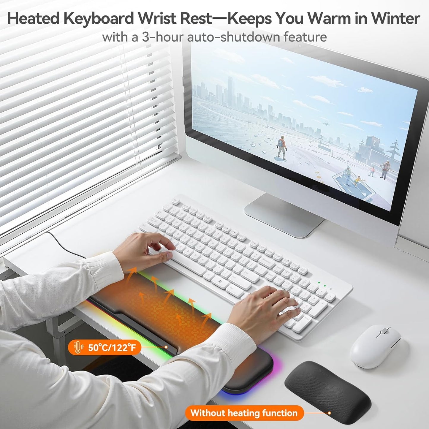 2-in-1 Heated Wrist Rest Set, Ergonomic Memory Wrist Pad with RGB Lights and Non-Slip Base, Keyboard Mouse Wrist Rest for Computer Laptop Office Work and PC Gaming