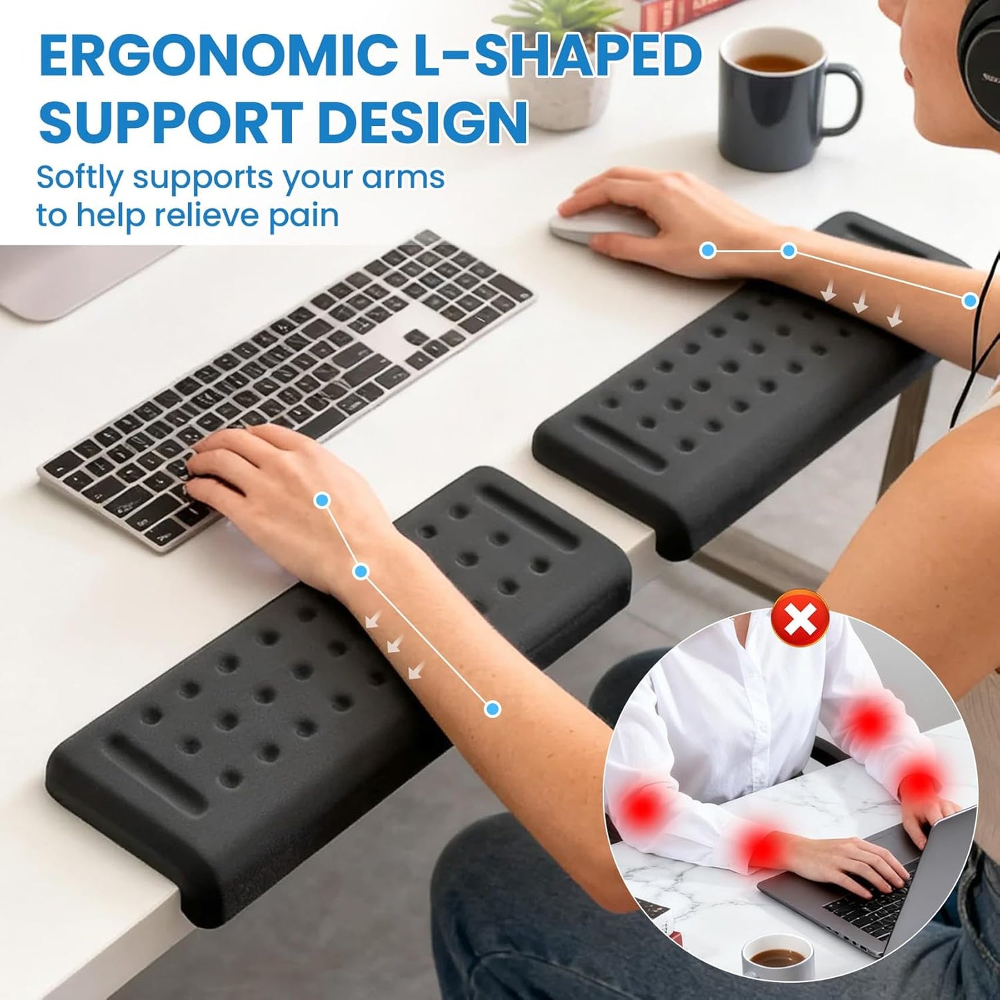 VAGAU L-Shaped Arm Rest for Desk, Memory Foam Elbow Support Padding Set with Non-Slip,2-Piece Ergonomic Desk Edge Cushion & Wrist Rest for Computer Keyboard, Office and Home Use (Black)