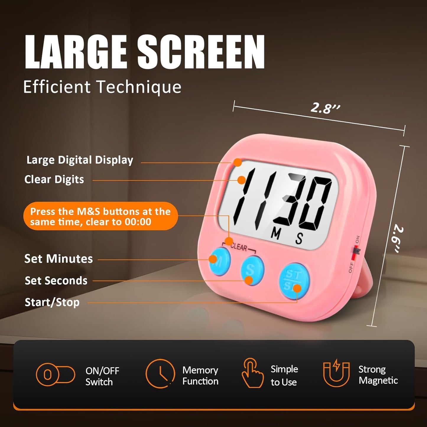 2 Pack Kitchen Timers Loud Ring Digital Timers for Cooking Magnetic Pink