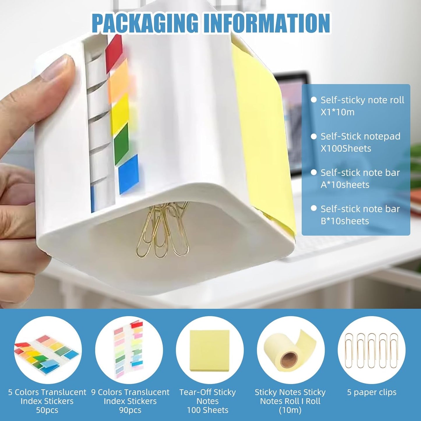 Sticky Note Holder and Dispenser with Magnetic Paper Clip Holder, 3x3 Pop-Up Note and Annotation Labels,Full Adhesive Note Roll Desktop Organizer.5-in-1 Multi-Function Standing Sticky Note Box(White)