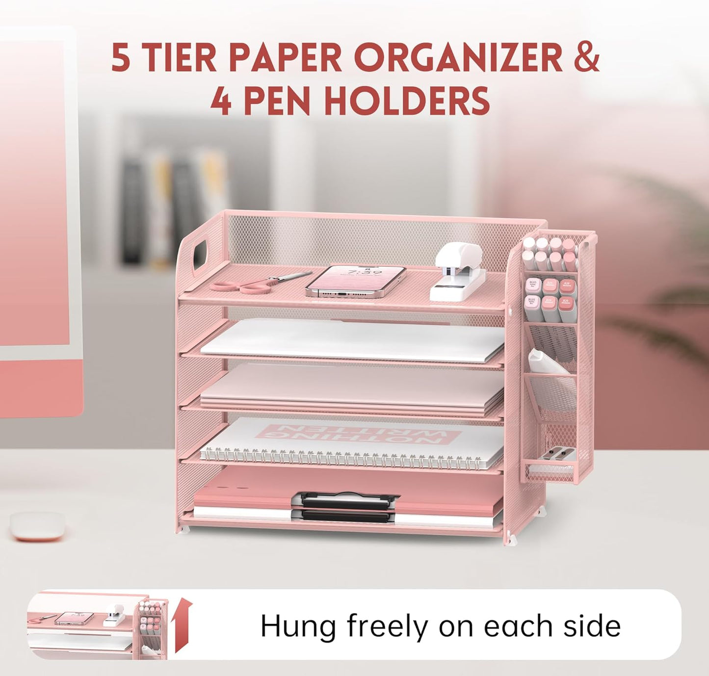 SUPEASY 5 Tier Desk Organizer with Handle & Removable Pen Holders, Mesh Paper/File Organizer for Desk, Paper Letter Tray Organizer for Office Supplies (Pink)