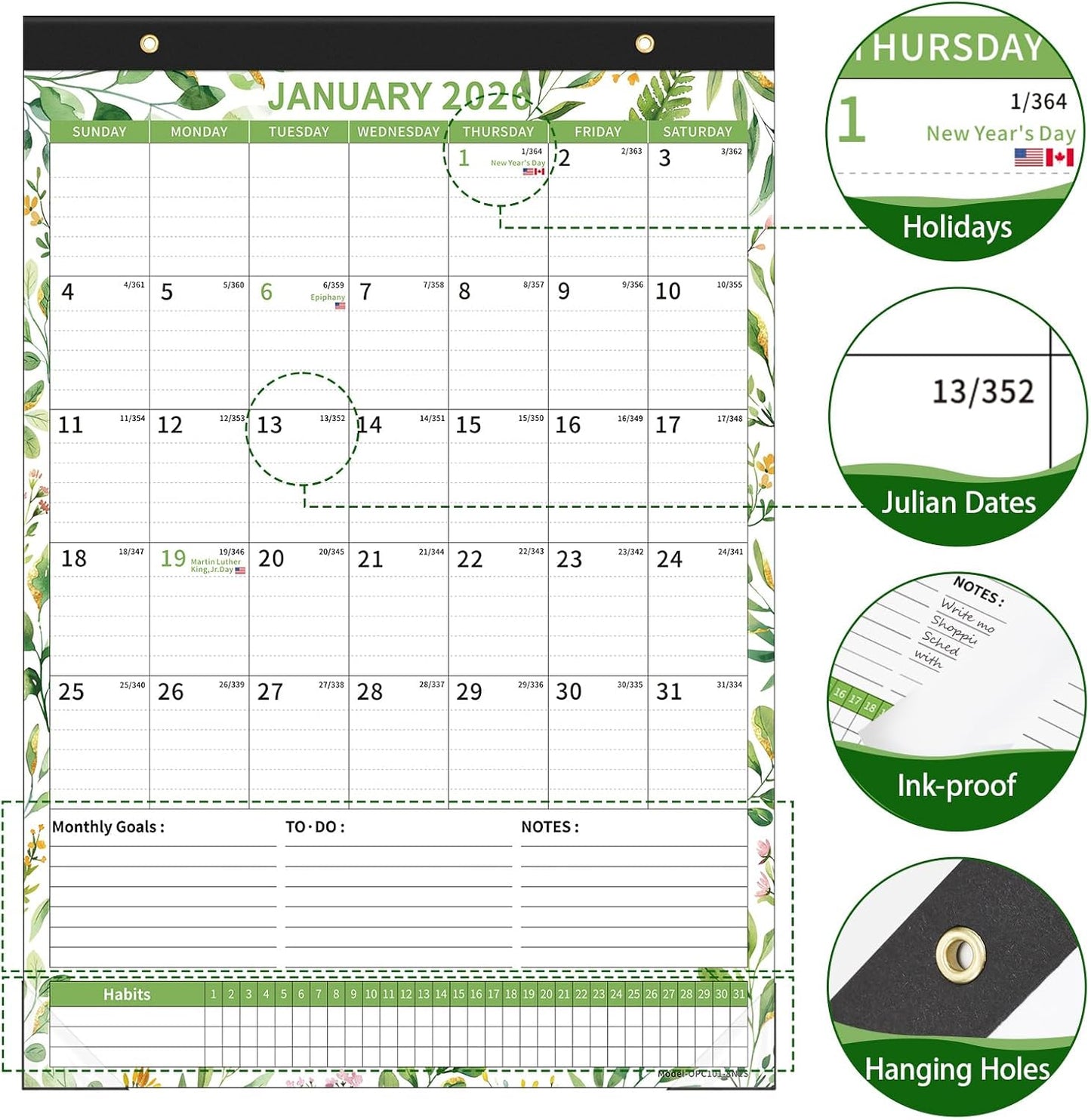 Ospelelf 2026 Wall Calendar 12'' x 17'', Magnetic Calendar for Refrigerator 2026-2027,18 Month Desk Calendar, Use Jan 2026 - June 2027, Green Plant