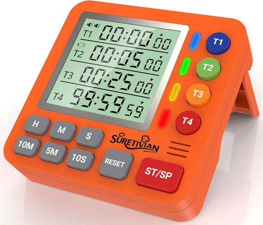 Digital Kitchen Timer for Cooking - 4 Channel Count Up Countdown Timer with Loud Alarm and Silent Mode, Large Display, Magnetic Back, Auto Memory for Classroom Study Gym, Battery Included (Orange)