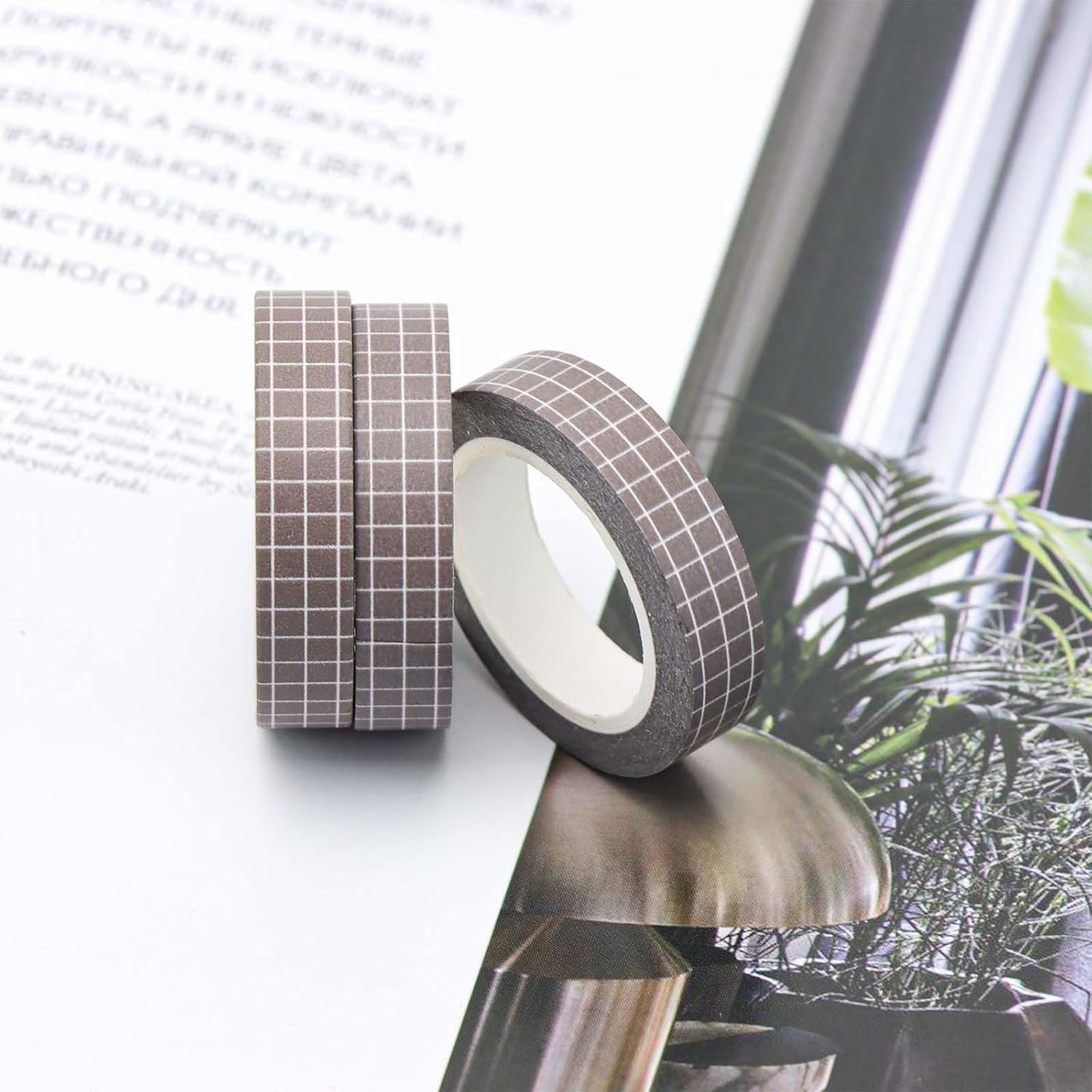 NatSumeBasics 2 Brown Grid Washi Tapes 0.4" x 32ft Adhesive Masking Tapes Decorative DIY Scrapbooking Decor Planners Crafts Supplies Gift Wrapping (Brown)