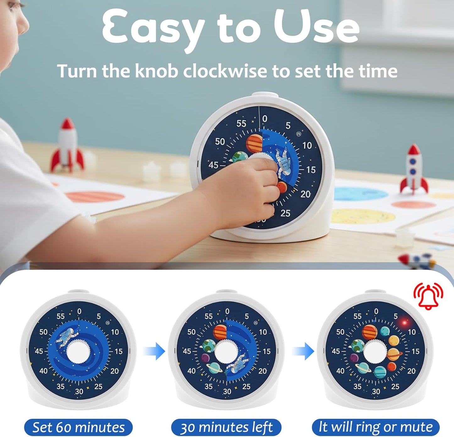 BellMan Visual Timer with Pause Button, 60 Minute Countdown Mercury Timer for Kids and Adults with Silent Operation, Study and Meetings Time Management Tool, Design for Home, Office and Gift,Astronaut