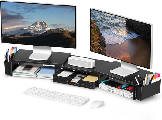 OPNICE Desk Organizers and Accessories, Dual Monitor Stand Riser with Drawer and 2 Pen Holders, Desk Shelf Metal Computer Racks for Office Workspace Organizers, Desktop Organization (Black)