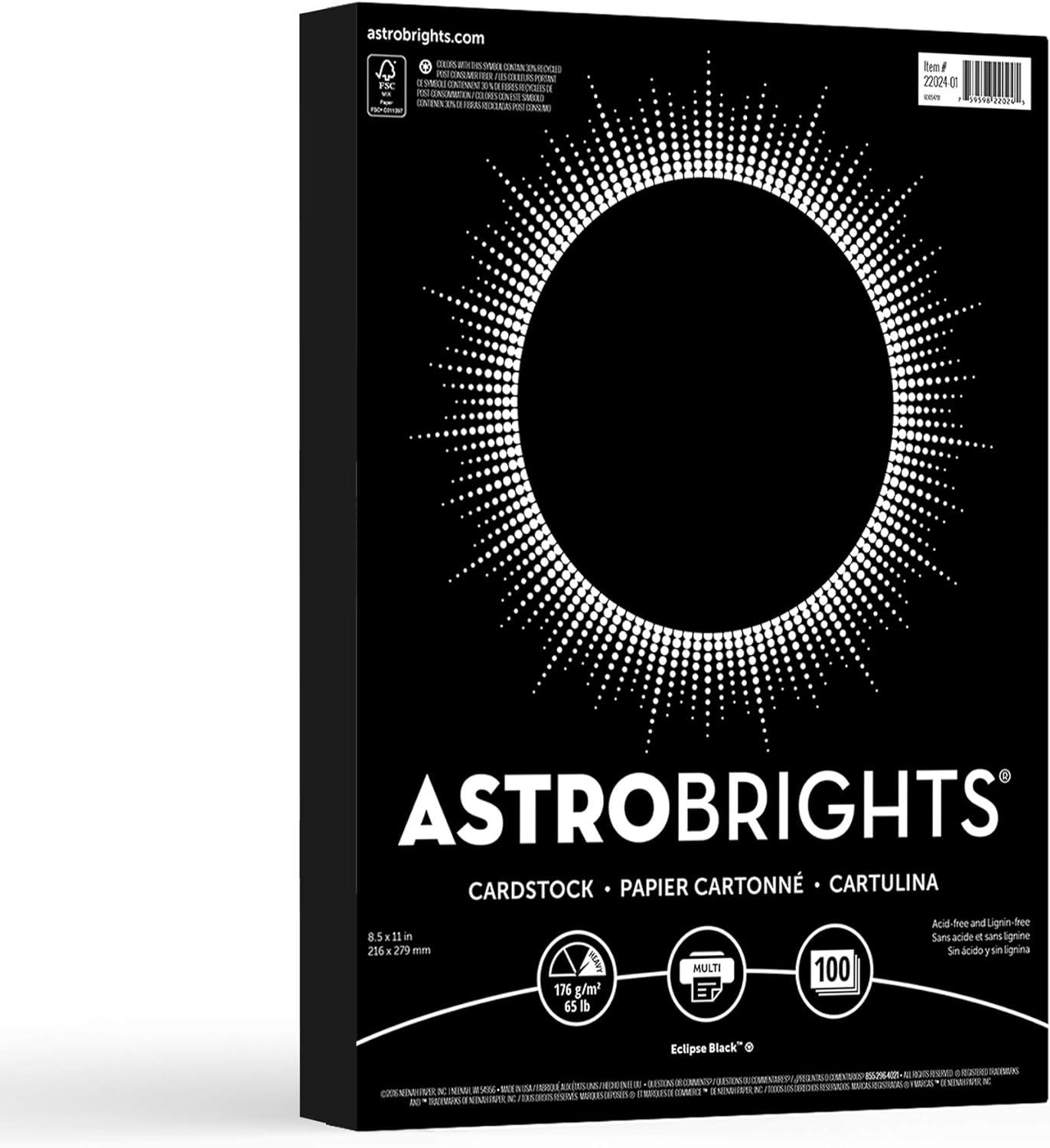 Astrobrights Color Cardstock, 65 lb Cover Weight, 8.5 x 11, Eclipse Black, 100/Pack (Pack of 6)