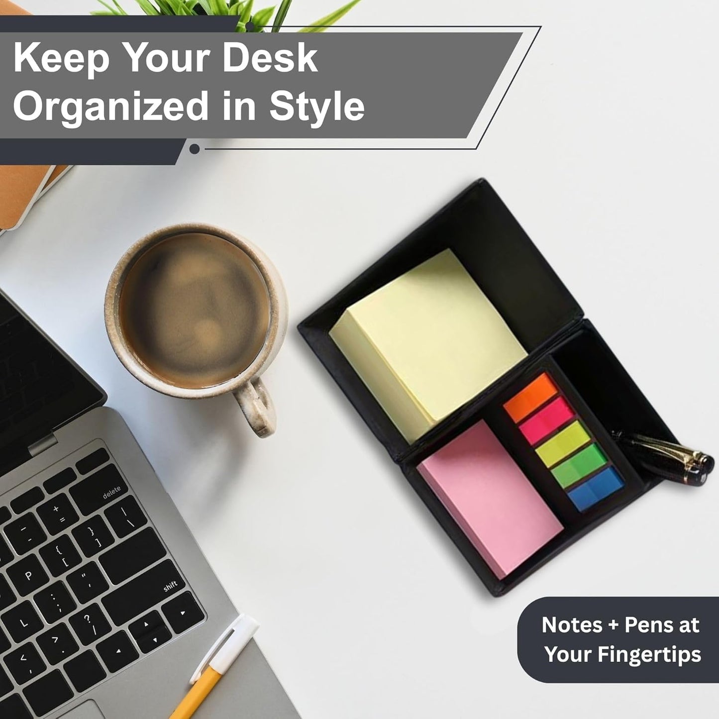 Sticky Notes Organizer Cube with Pen Holder, 3-in-1 Cardboard Memo Pad Set with 300 Yellow Notes, 50 Pink Pads & 125 Translucent Tabs, Portable Desk Organizer for Home, School, and Office Desk (Black)