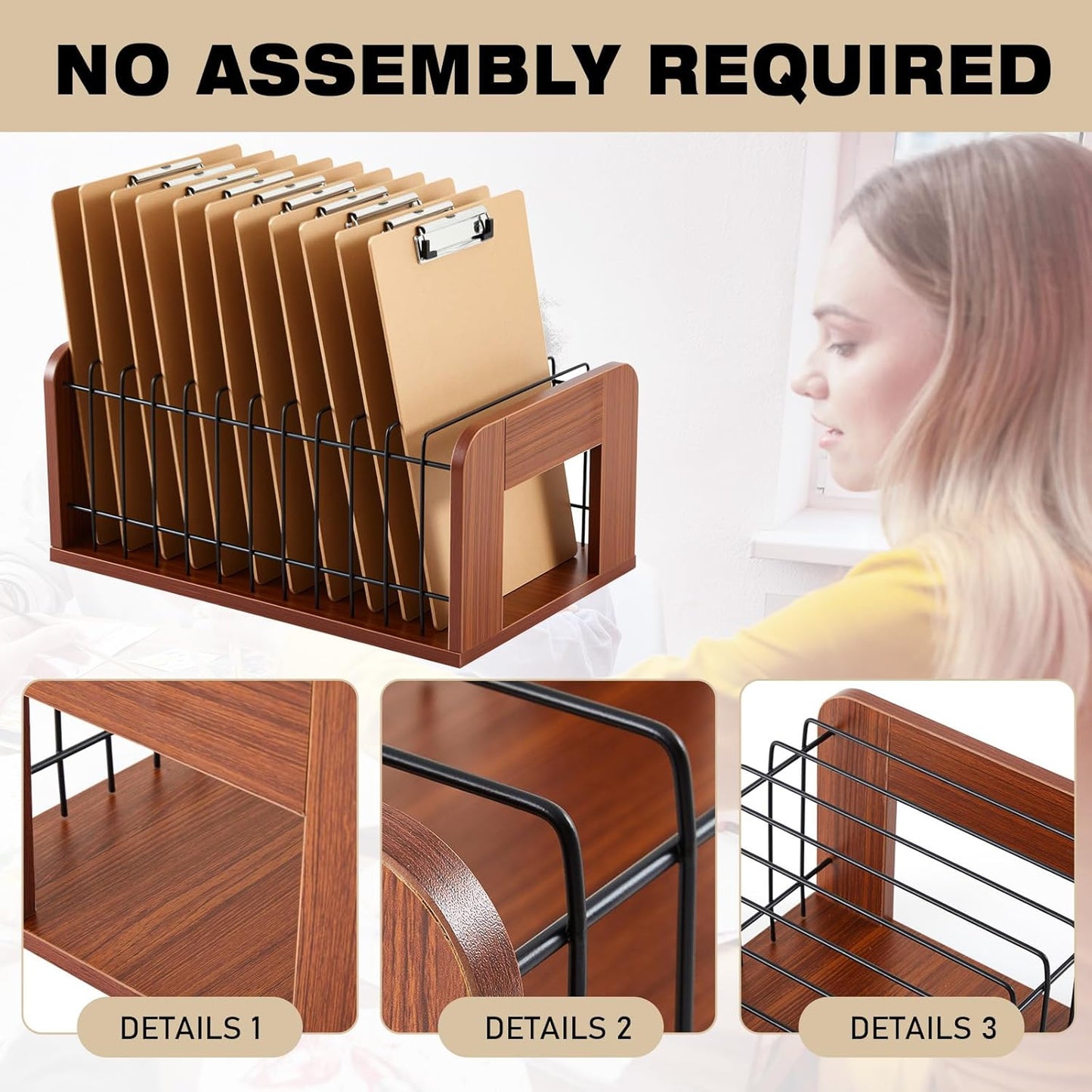 Geelin 1 Pcs Vertical Clipboard Holder, 12 Slot Wooden and Metal Clipboard Organizer, Desk File Organizer Storage Rack, Storage Stand Rack for Home, Office,No Assembly Required (Walnut)