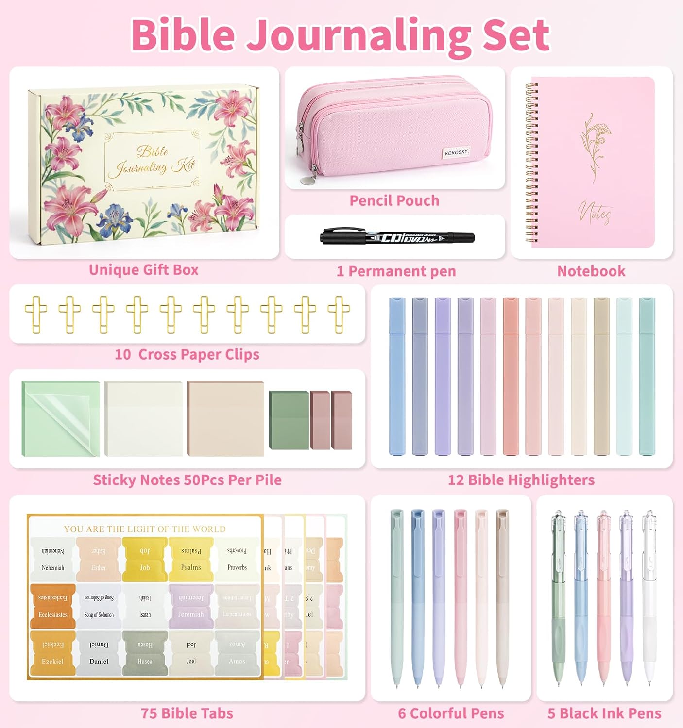 47Pcs Bible Study Supplies, Bible Journaling Kit for Women, Pink Pencil Case, 12 Pastel No Bleed Highlighters and 6 Colored Pens, Bible Tabs and More, Book Annotation Kit for Women & Men (Pink)