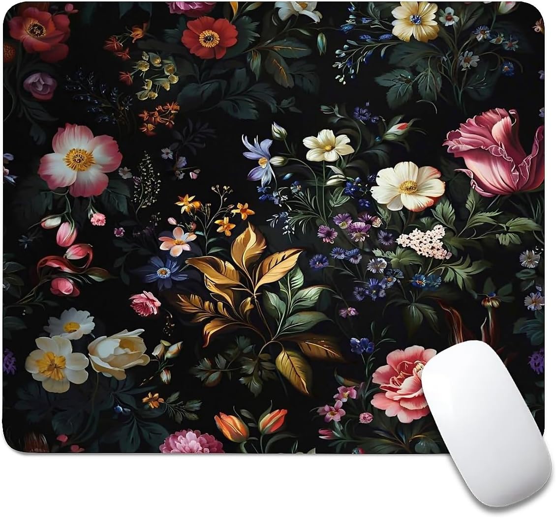 Square Mouse Pad Retro Oil Painting Flowers Plants, Personalized Premium-Textured Custom Mouse Mat Design, Washable Mousepad Cloth, Non-Slip Rubber Base Computer Mouse Pads for Wireless Mouse