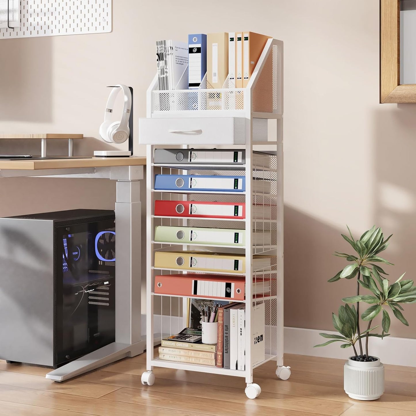 SWTYMIKI 9-Tier Rolling File Cart - Paper Organizer with Drawer and Trays, Wood Desk Office Organizer, Office Organization and Binder Storage for Workspace, Home, School, White