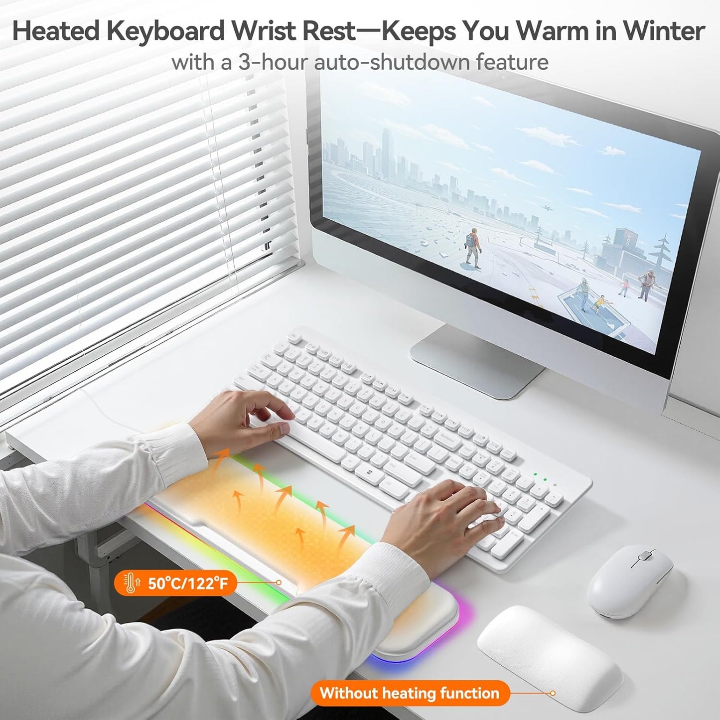 2-in-1 Heated Wrist Rest Set, Ergonomic Memory Wrist Pad with RGB Lights and Non-Slip Base, Keyboard Mouse Wrist Rest for Computer Laptop Office Work and PC Gaming