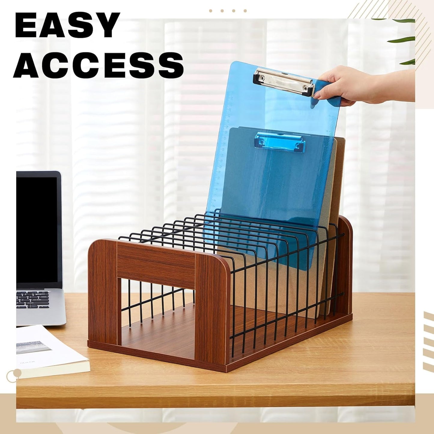 Geelin 1 Pcs Vertical Clipboard Holder, 12 Slot Wooden and Metal Clipboard Organizer, Desk File Organizer Storage Rack, Storage Stand Rack for Home, Office,No Assembly Required (Walnut)