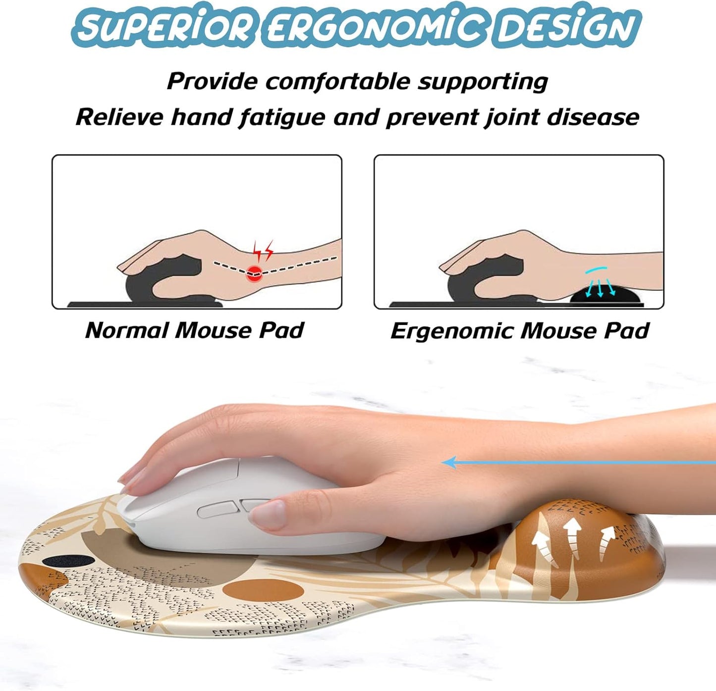 Hsurbtra Ergonomic Mouse Pad with Wrist Rest Support, Gel Mouse Pads with Non-Slip PU Base, Pain Relief Memory Foam Computer Mat, Cute Office Supplies Desk Decro Accessories, Brown
