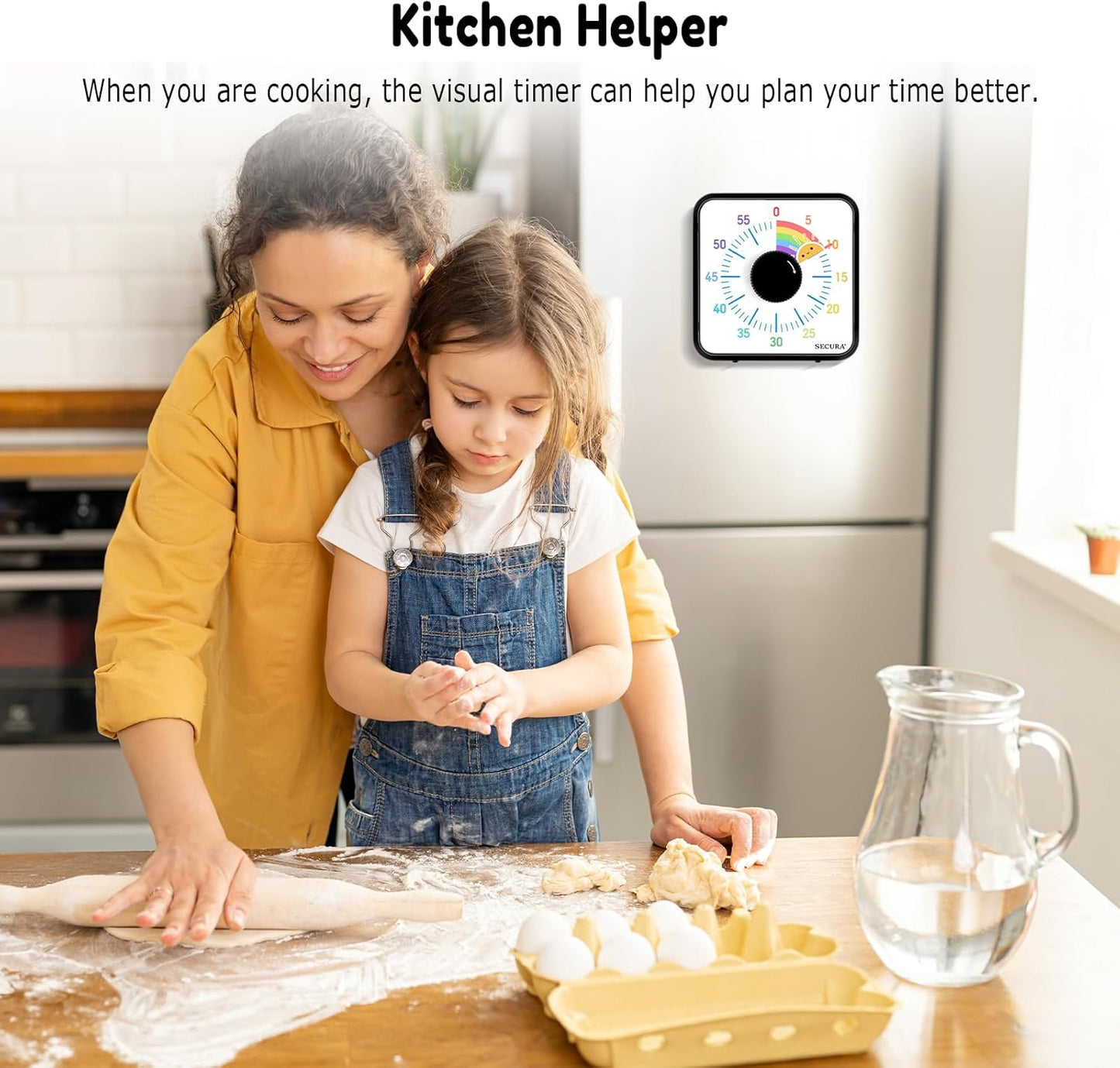 Secura 60-Minute Visual Timer, 7.5 Inch Magnetic Rainbow Countdown Timer for Classroom or Kitchen, Durable Mechanical Timer Clock with Magnetic Backing (Black & Sun)