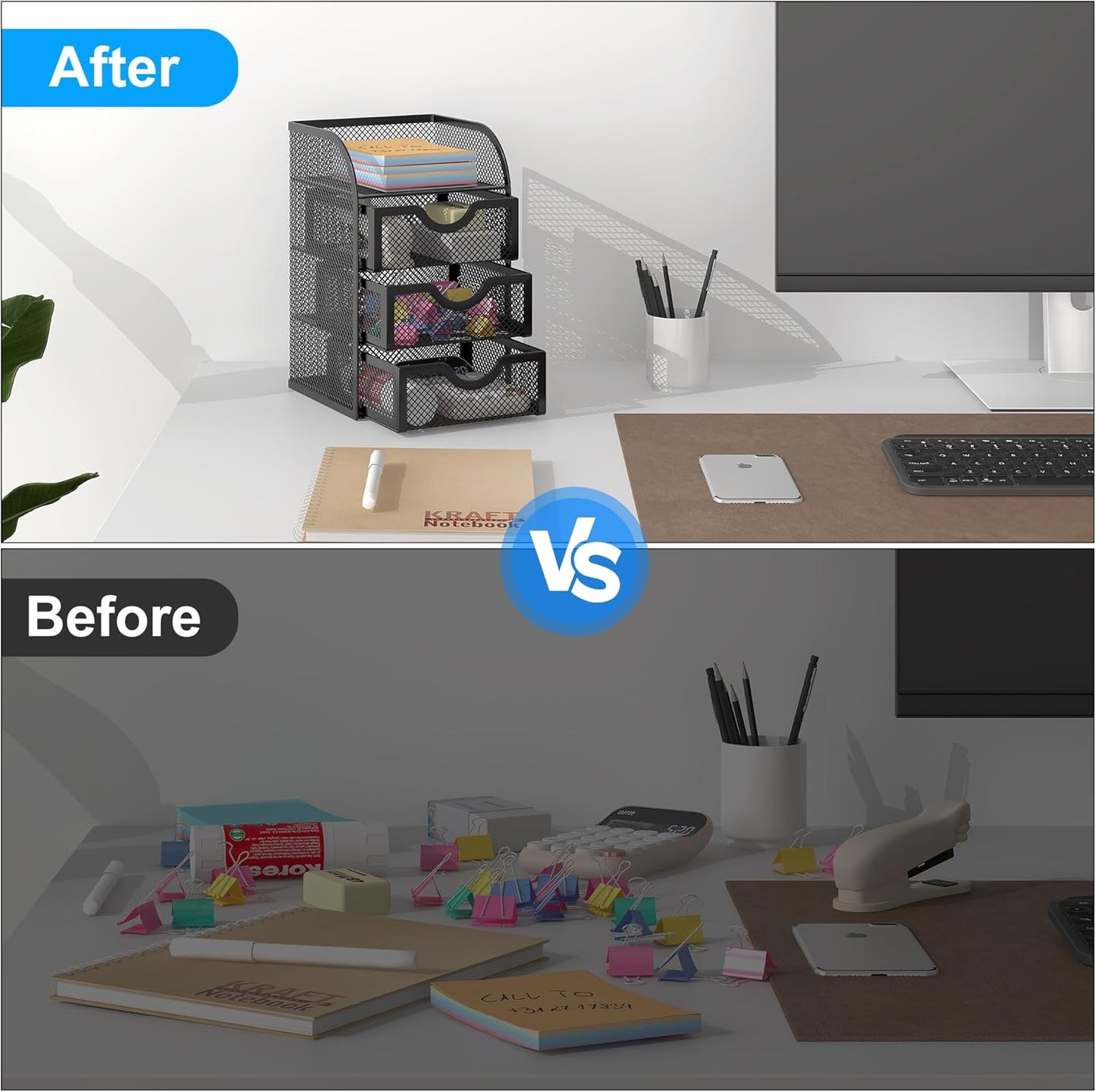 EasyPAG Mesh Desk Organizer with 3 Drawer Office Desktop Organizers and Accessories Stationery Caddy for Office, Home, Students, Black