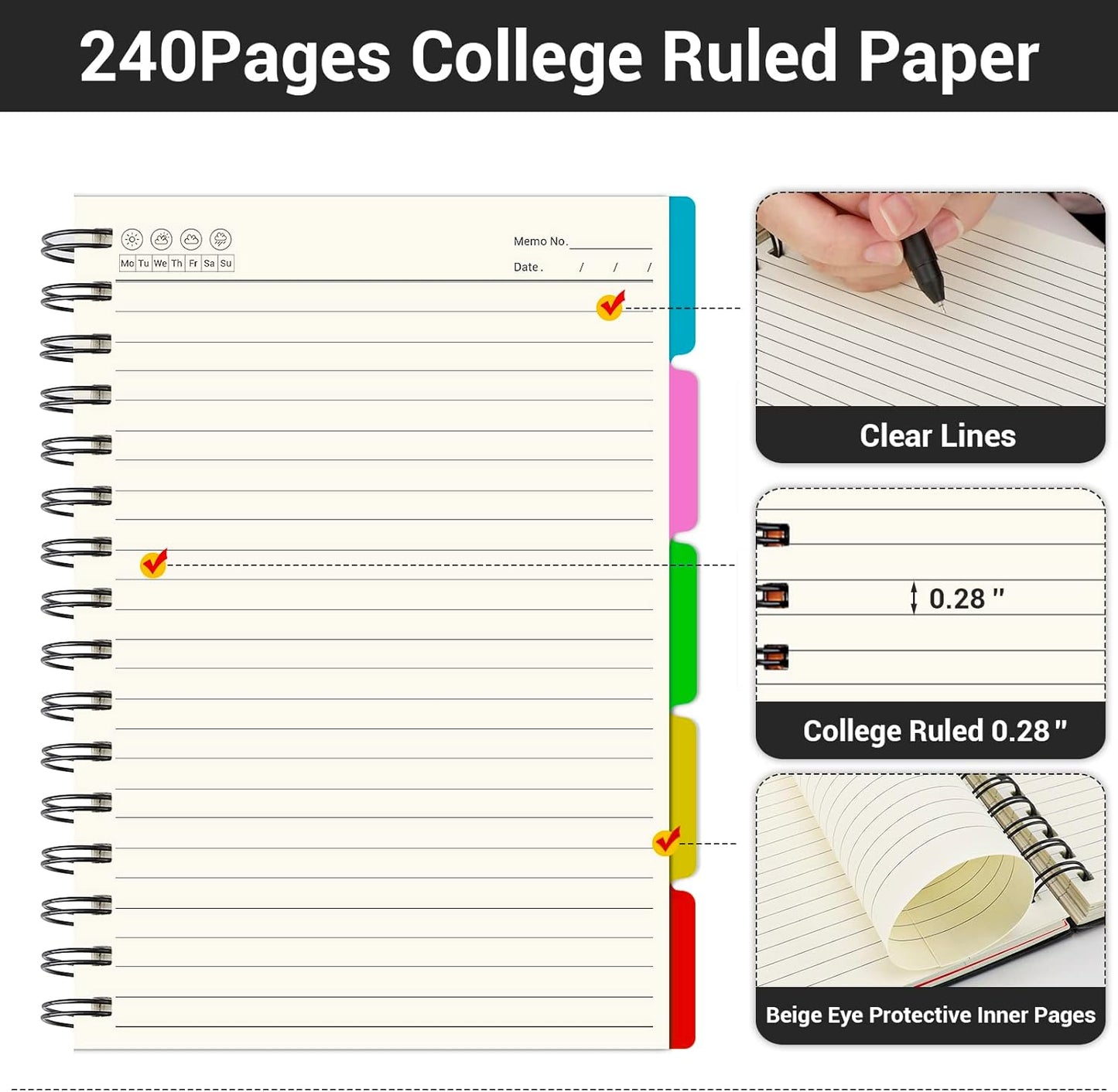 EUSOAR College Ruled Spiral Notebook, 3 Pack A5 5.5"x 8.3", 100gsm Paper, 120 Sheets/ 240 Pages, Black Hardcover 5 Subject Spiral Lined Notebooks, for Note Taking School Business Work Writing Diary