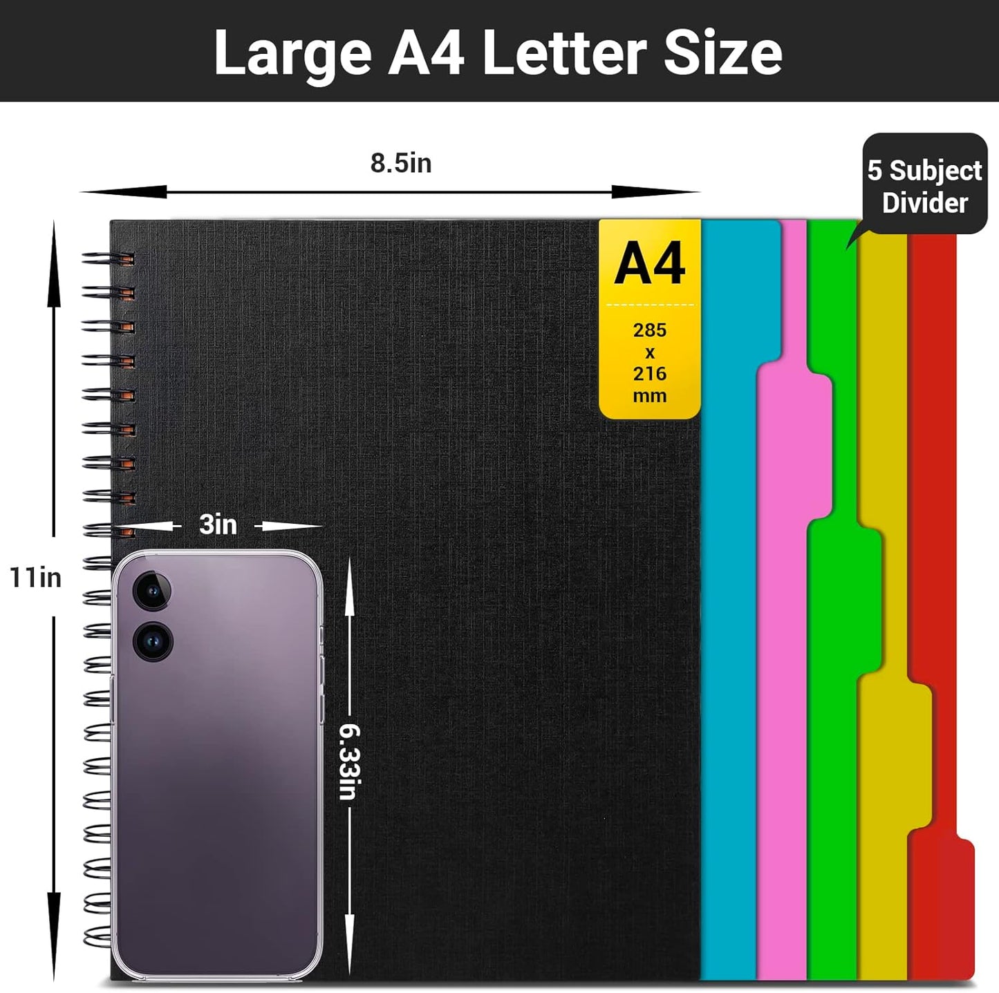 EUSOAR 5 Subject Notebook College Ruled, 1 Pack A4 11" x 8-1/2", 100GSM Line Paper,120 Sheets/ 240 Pages, Thick Hardcover Large Journal Notebooks with Dividers for School Office Note Taking Travel