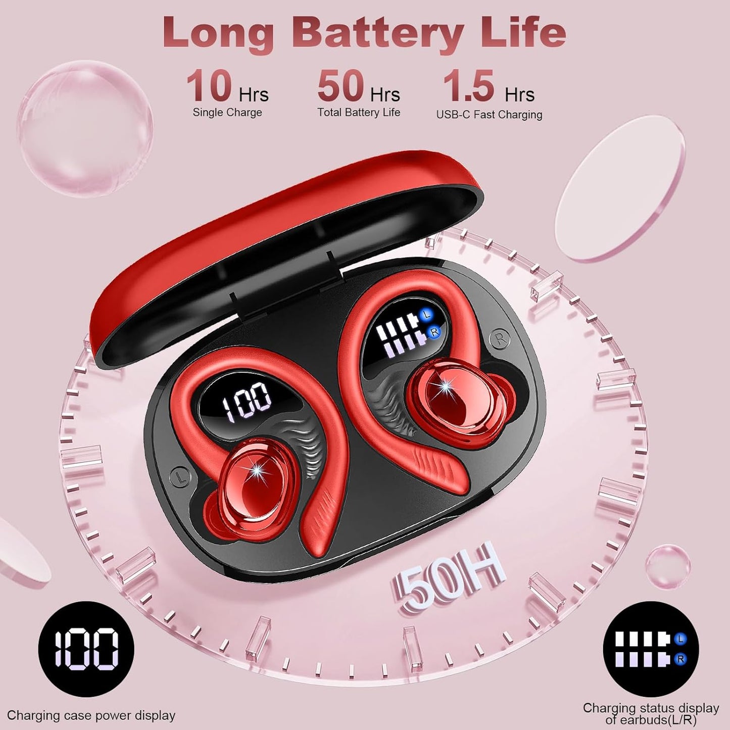 Wireless Earbuds Sport, New Bluetooth 5.4 Headphones with Earhooks, 50H Stereo Deep Bass Over Ear Buds with 4 ENC Noise Canceling Mics, IP7 Waterproof Earphones for Running Workout Gym -Red