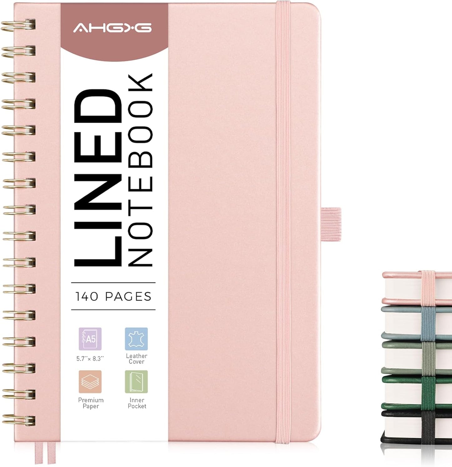 AHGXG Lined Spiral Notebook Journal for Women, 140 Pages Hardcover Leather Notebook College Ruled, A5 5.7" x 8.3", 100 GSM Thick Paper, Notebooks for School Work, Journals for Writing, Rose Gold