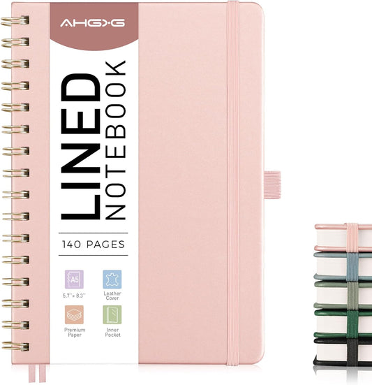 AHGXG Lined Spiral Notebook Journal for Women, 140 Pages Hardcover Leather Notebook College Ruled, A5 5.7" x 8.3", 100 GSM Thick Paper, Notebooks for School Work, Journals for Writing, Rose Gold