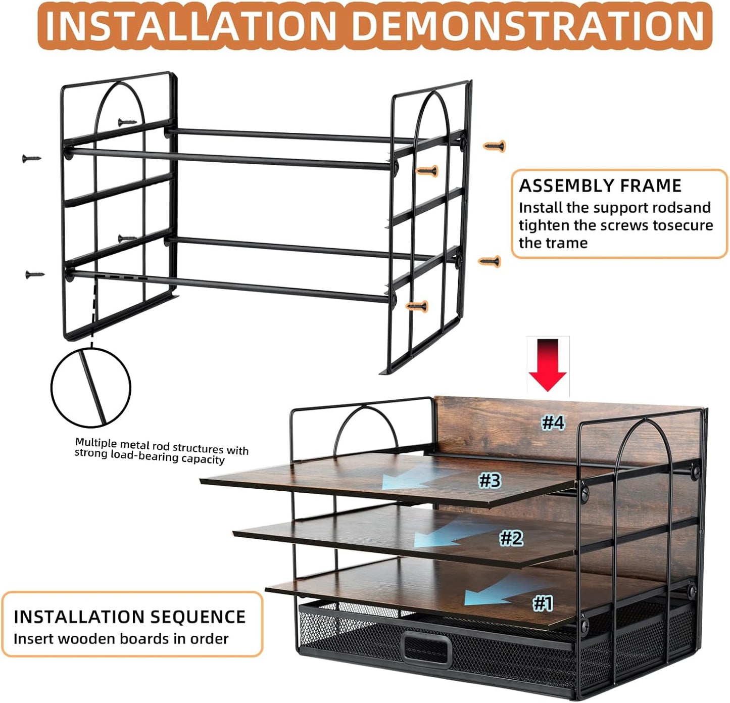 4 Tier Desk Organizers and Accessories, Paper Letter Tray Organizer,Vintage Wood Desk File Organizer with Drawer and 2 Pen Holders for School Home Office Supplies