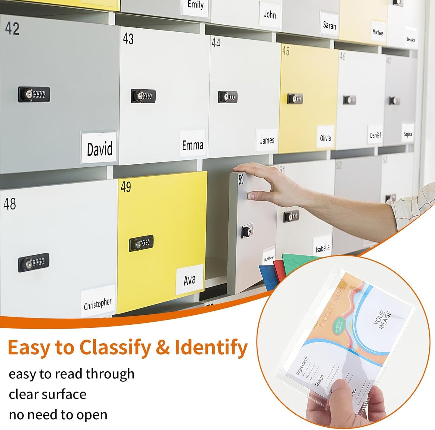 44 Pack Labels for Storage Bins, 3×5 Inches Index Card Holder Organizer, Clear Adhesive Pockets, Plastic Label Holders for Tote Library Card Bins Box Drawer Classroom Organization