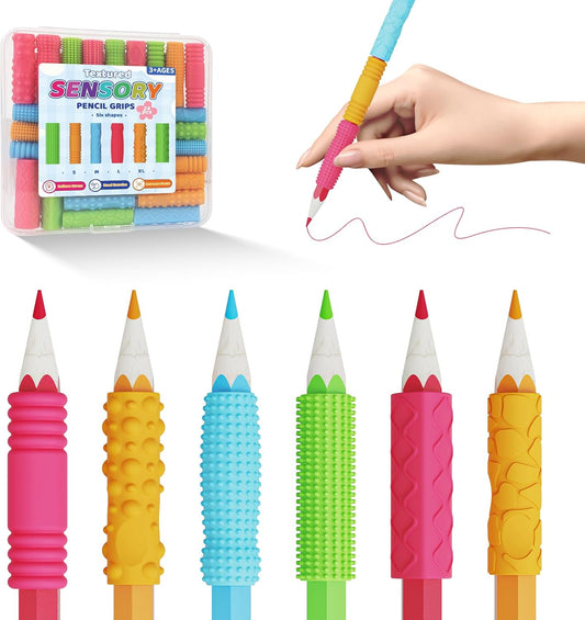 Sensory Textured Pencil Grips Fidget Toys, 24 Pack Four Sizes Silicone Pencil Grips for Kids Adults with Autism & ADHD Anxiety Relief, Quiet Handwriting Pencils Sleeve for Classroom School Office