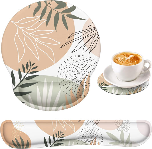 iLeadon Mouse Pad with Wrist Rest Set, Keyboard Wrist Rest + Ergonomic Mouse Pad + Coasters, Easy Typing & Pain Relief Mousepad, Mouse Pad Wrist Support for Computer Home Office, Tropical Leaves