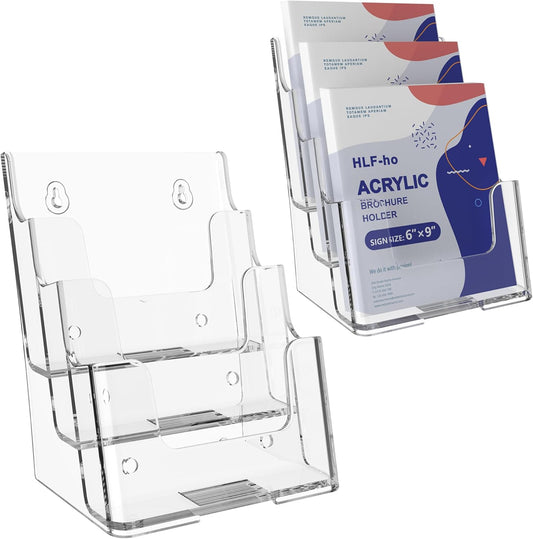 Brochure Holder 6x9 Inch 3 Tier Acrylic Literature Holders Clear Plastic Flyer Display Stand Countertop Use or Wall Mount Pamphlet Holder Organizer for Office, Lobby, Hotel, Trade Show, 2 Pack