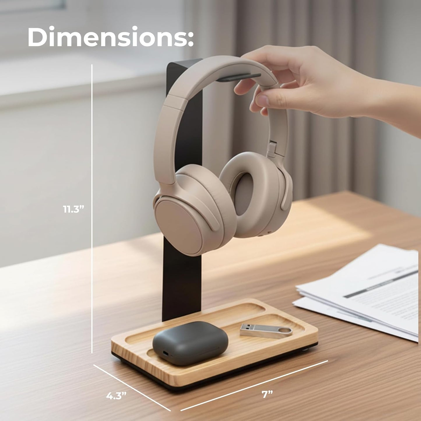 Wooden Headphone Stand with Storage Tray – Rubberwood & Metal Headset Holder with Anti-Slip Base, Scandinavian Desk Headphone Stand for Organizing Headphones, Phone, Keys & Accessories