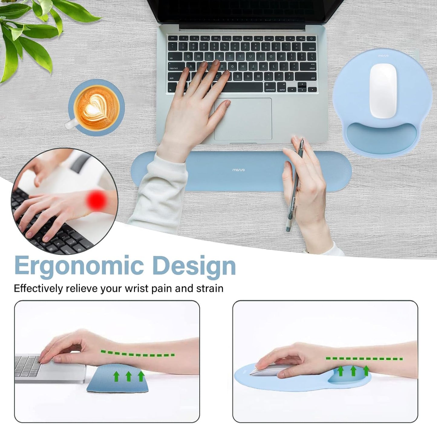 MOSISO Wrist Rest Support for Mouse Pad&Keyboard Set, Circle Curved Ergonomic Mousepad&Coaster Non-Slip Base Home/Office Pain Relief&Easy Typing Pad with Soft Cloth&Silicone Lining, Air Blue