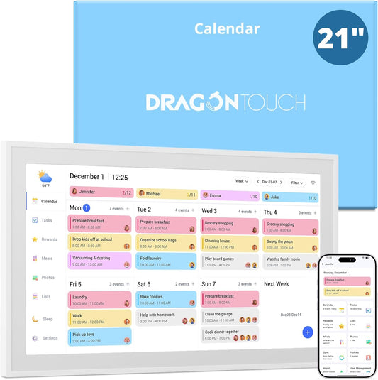 Dragon Touch 21.5" Digital Calendar Chore Chart – 1080P Full HD Interactive Touchscreen, Smart Family Planner, Hearth Display Digital Wall Calendar & Desk Mountable for Seamless Scheduling