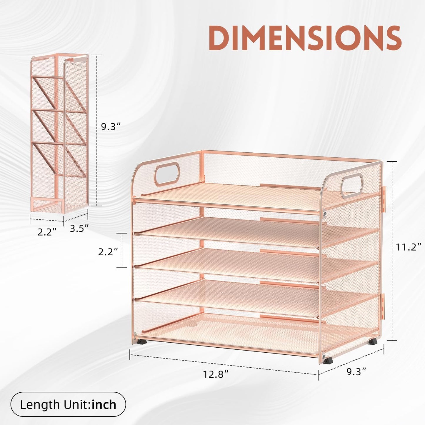 SUPEASY 5 Tier Desk Organizer with Handle & Removable Pen Holders, Mesh Paper/File Organizer for Office Supplies, Rose Gold