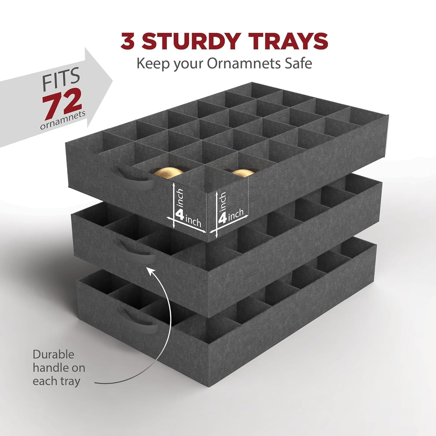 HOLDN’ STORAGE Premium Christmas Ornament Storage Container - Holds Up to 72-4” Ornaments Durable 600D Fabric - Adjustable Dividers - 3 Individual Trays - Metal Frame - Red