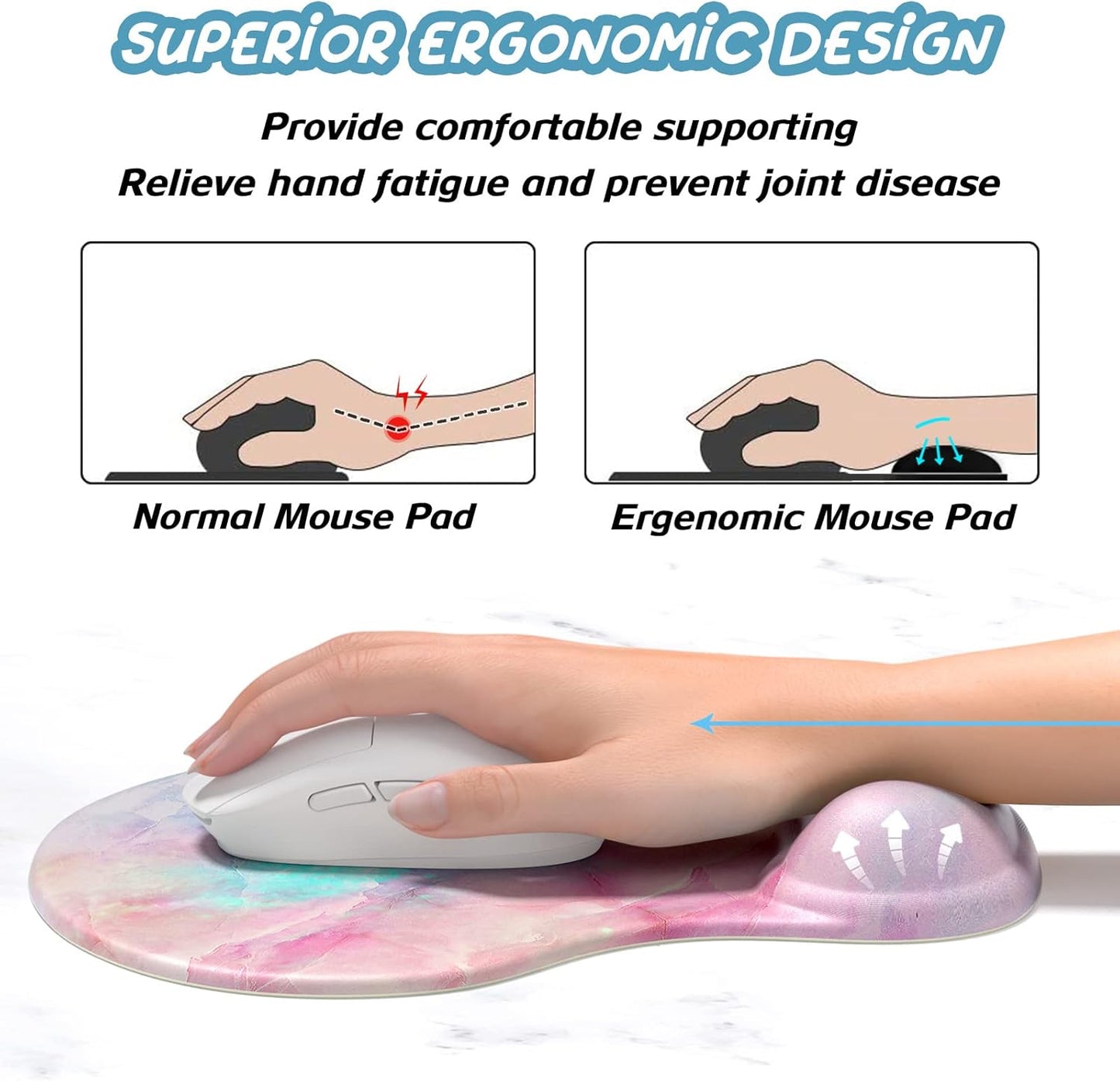 Hsurbtra Ergonomic Mouse Pad with Wrist Rest Support, Gel Mouse Pads with Non-Slip PU Base, Pain Relief Memory Foam Computer Mat, Cute Office Supplies Desk Decro Accessories, Colorful Marble