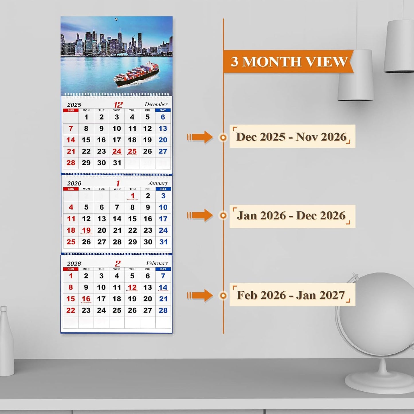 Wall Calendar 2026 Monthly Calendar 3 Month Display Wall Calendars 2026 Wall Calendar (Folded in one Month), Dec 2025 - Jan 2027, for Office School Home (A)