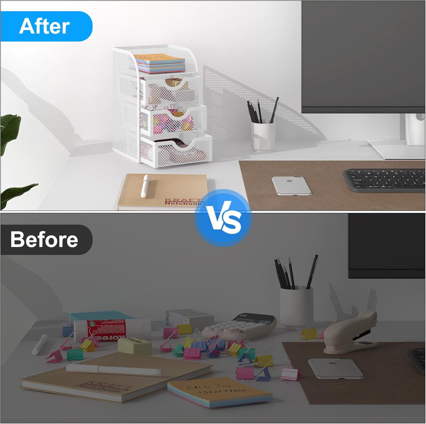 EasyPAG Mesh Desk Organizer with 3 Drawer Office Desktop Organizers and Accessories Stationery Caddy for Office, Home, Students, White