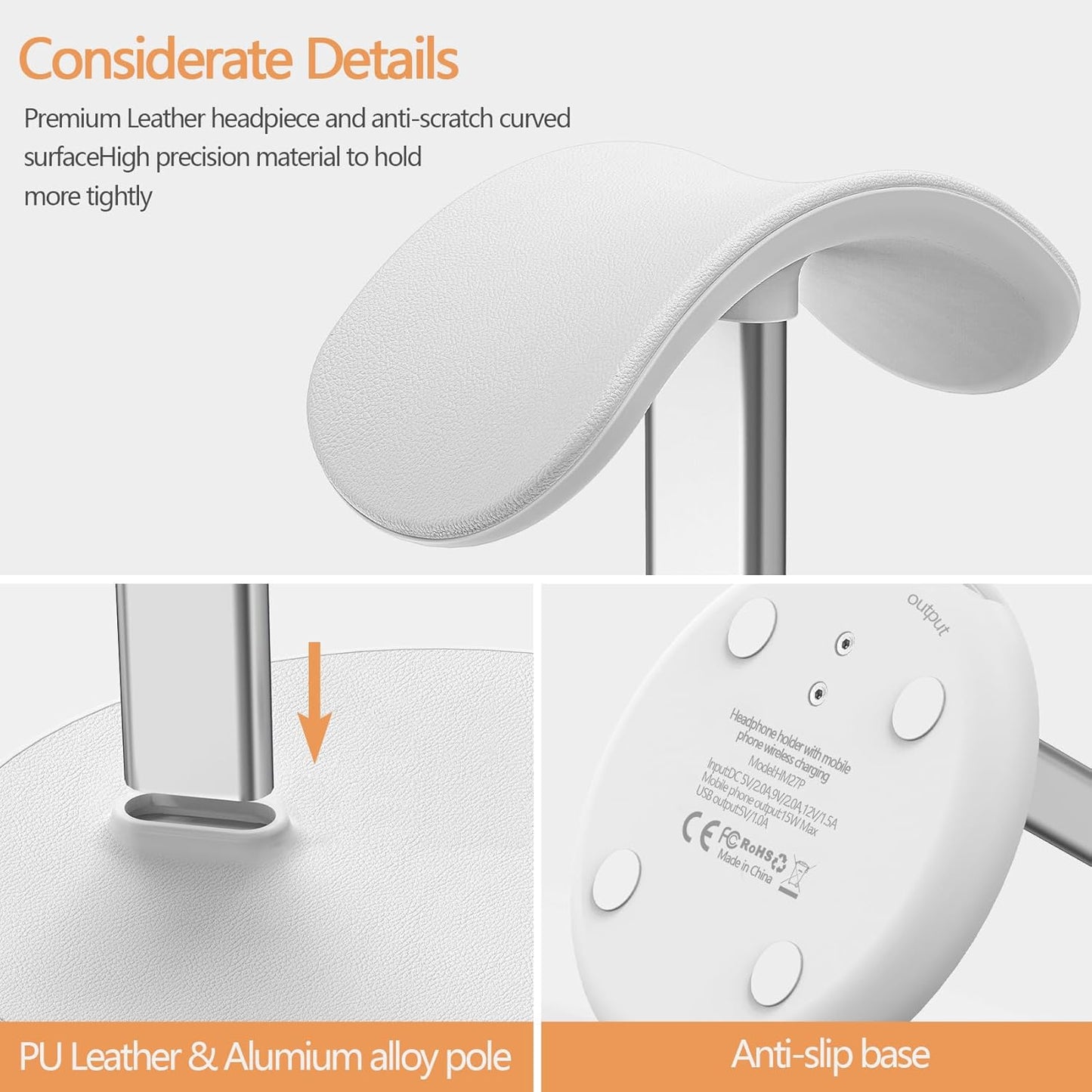 Headphone Stand with Wireless Charger, Gaming Headset Holder Hanger Rack 2 in 1 Wireless Charging Station Dock for iPhone 15/14/13/12/11 Series, AirPods Pro/3/2 and Desk All Headphones, White