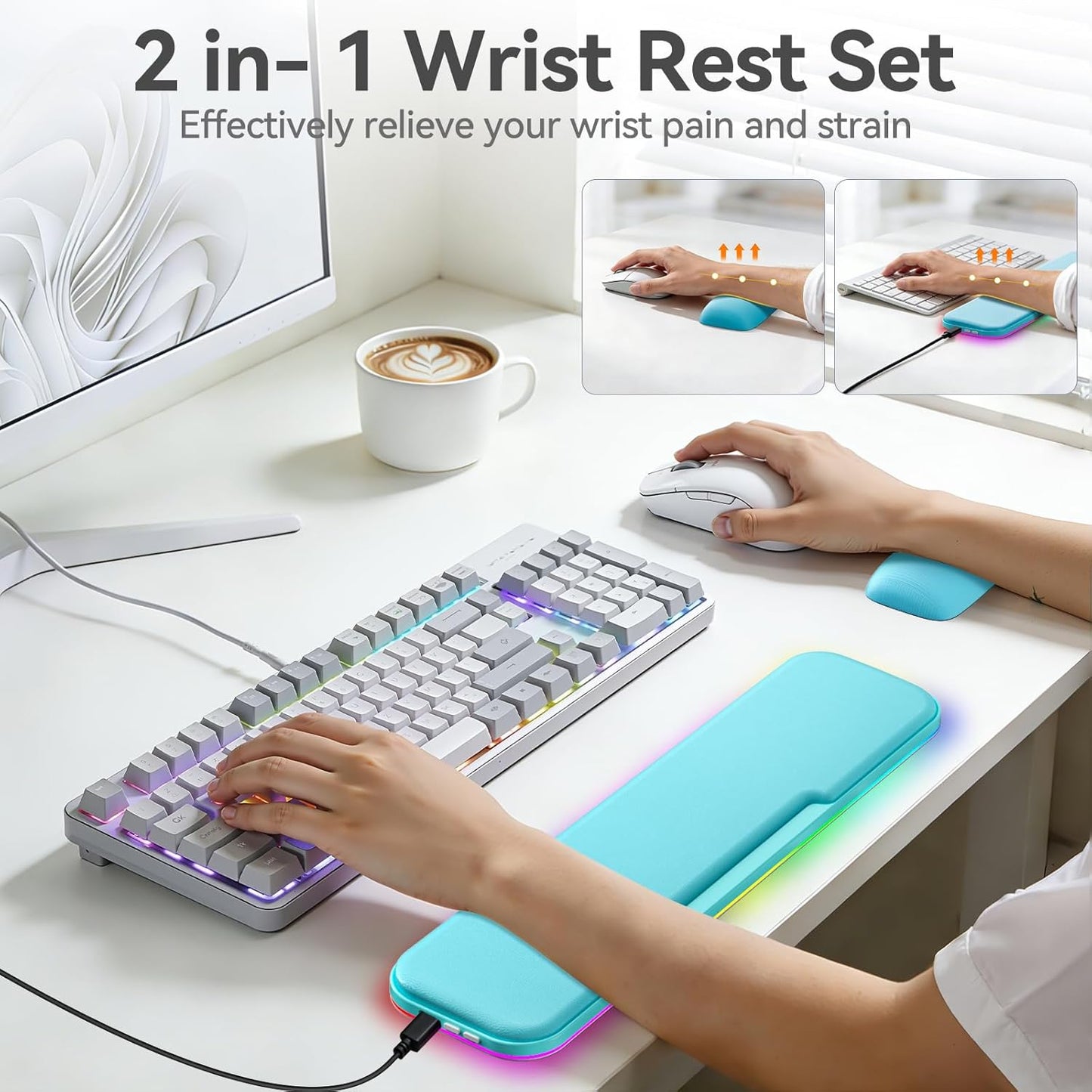 2-in-1 Heated Wrist Rest Set, Ergonomic Memory Wrist Pad with RGB Lights and Non-Slip Base, Keyboard Mouse Wrist Rest for Computer Laptop Office Work and PC Gaming